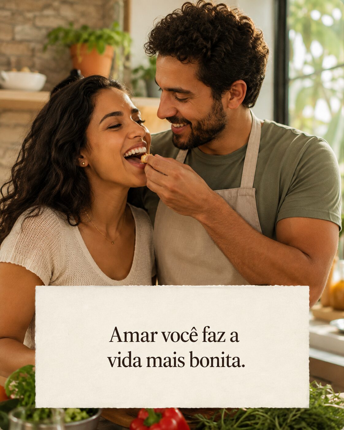 Casal sorrindo e cozinhando junto em uma cozinha aconchegante, ele oferecendo um pedaço de comida para ela provar