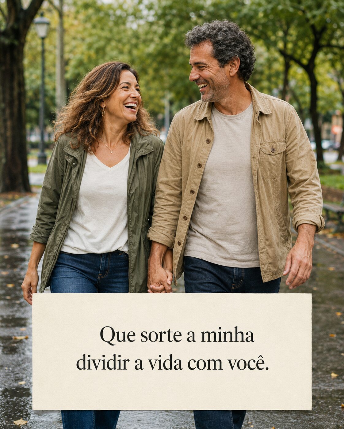 Casal de meia-idade caminhando de mãos dadas e sorrindo em um parque arborizado