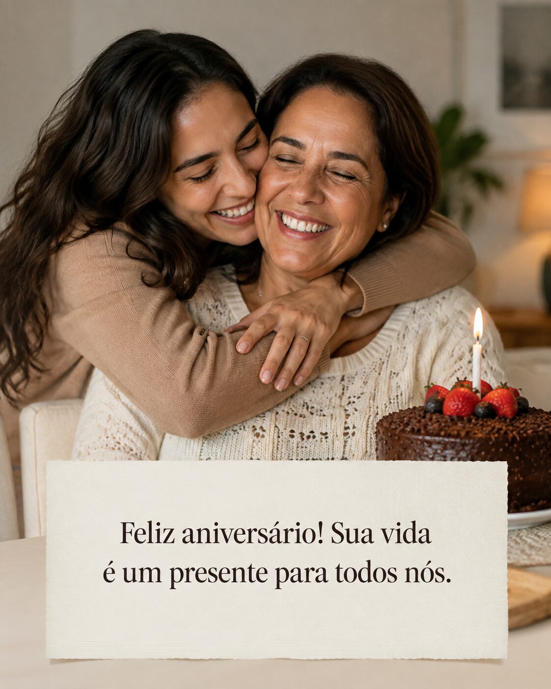 Duas amigas se abraçando e sorrindo, cercadas de balões dourados e confete, em uma comemoração de aniversário
