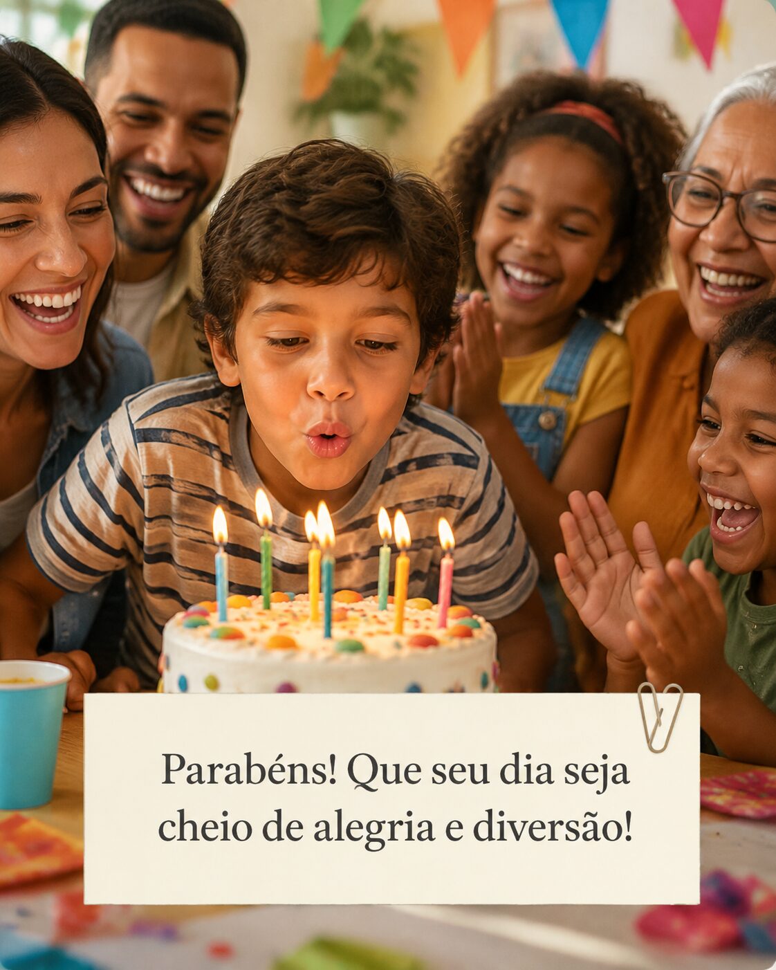 Grupo de amigos mais velhos rindo juntos à mesa em um jantar de comemoração, com uma vela acesa ao fundo